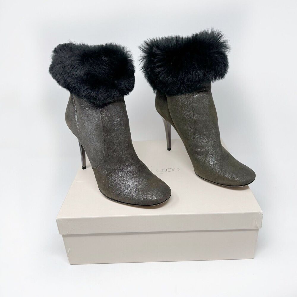Jimmy Choo Tempo Bootie EU 40 Brown Shimmer Suede Shearling Fur Lined Heels